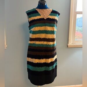 Almatrichi Spanish Designer Embroidered Stretch Fit Cocktail Midi Dress Striped